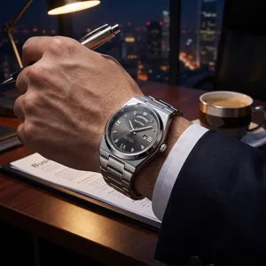 Stainless steel quartz mens watch with day date display and elegant grey dial design.