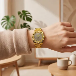 Gold rhinestone alloy steel band quartz watch for women, luxury starry dial design.