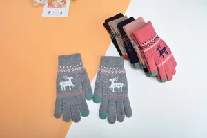 Guanti touchscreen in maglia calda da donna in inverno, grazioso motivo di cervo, spessi.