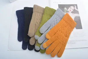 Winter fleece lined touch screen knitted gloves for women with five fingers warm and stylish