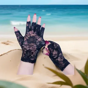 Black lace fingerless gloves women summer sexy sun protection mesh driving thin elegant