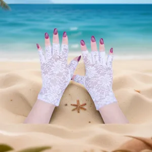 White lace fingerless gloves for women, sheer mesh UV protection driving gloves summer.