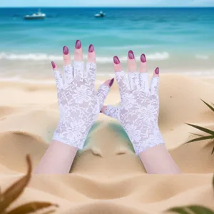 Women summer white lace fingerless gloves, elegant mesh UV protection driving gloves detail.
