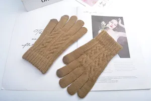 Knitted touchscreen gloves winter warm thick cable knit five finger gloves khaki brown color