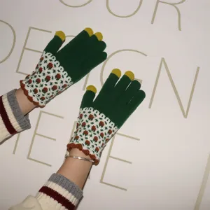 Winter women knit touch screen gloves, cute floral cuff, warm fleece five finger riding detail.