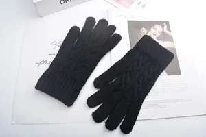 Women's black knit touch screen gloves winter warm thick jacquard full finger gloves