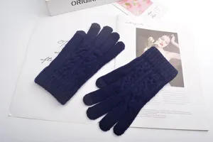 Dark blue winter touchscreen knitted gloves for women, thick jacquard fleece warm five-finger gloves