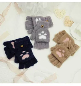 Winter women warm half finger flip gloves cute cat paw plush student gloves detail view