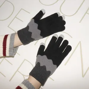 Women's winter warm touchscreen knit gloves in stylish black and grey colorblock design.