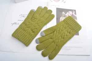 Women winter warm knit touchscreen gloves, green cable knit design with conductive tips.