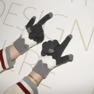 Women winter touch screen knitted gloves detail view, warm cozy wool fabric, grey white.