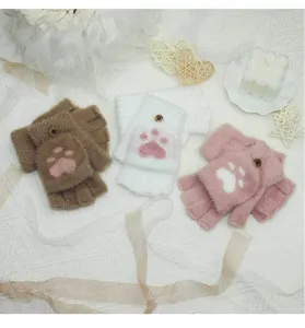 Warm winter half-finger flip gloves for women, cute cat paw plush knit design details.