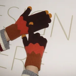 Women's autumn winter warm knit touchscreen gloves cute colorblock five finger gloves detail
