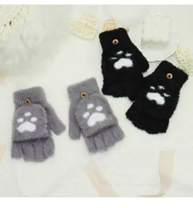 Plush half-finger convertible gloves with cute cat paw design, cozy winter accessory detail shot.