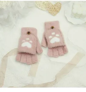 Winter cute cat paw fuzzy half finger flip convertible gloves for women warm winter mittens.
