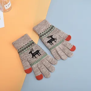 Guanti touchscreen invernali in maglia da donna simpatico motivo a cervo a cinque dita caldi spessi