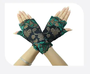 Summer women's short lace fingerless gloves, breathable UV protection sun gloves, black and green