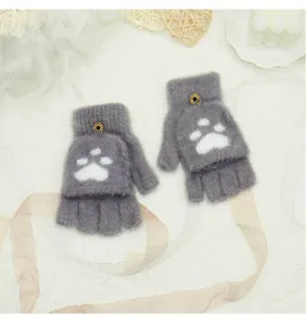 Detail view of winter warm convertible half-finger cat paw knit gloves in cozy grey.