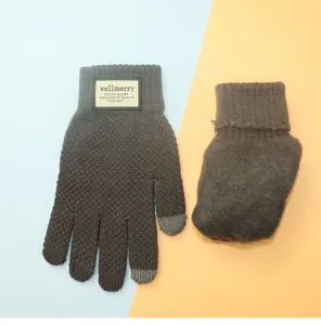 Detailed view of winter fleece lined knit gloves showing touchscreen fingertips and warm interior lining.