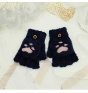 Winter warm half finger gloves with cute cat paw design, soft fuzzy fleece material style.