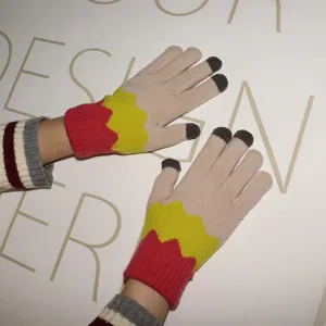Winter warm knitted touch screen gloves for women cute colorblock thermal five finger mittens