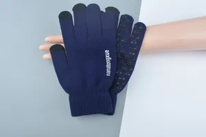 Gants d'hiver pour hommes en tricot chaud tactile avec design antidérapant en bleu foncé.