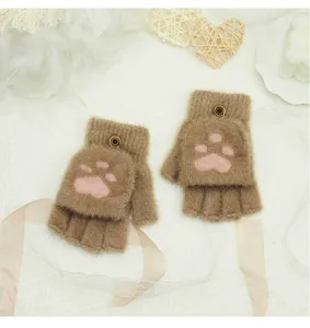 Cute winter warm half-finger flip gloves for women, plush knit cat paw design, cozy and practical.