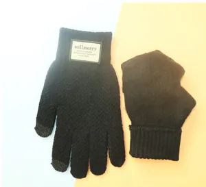 Knit touch screen gloves detail view showcasing warm fleece lining and elastic cuff design.