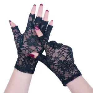Women Black Lace Fingerless Gloves Summer Sun Protection Mesh Driving Gloves Elegant Design.