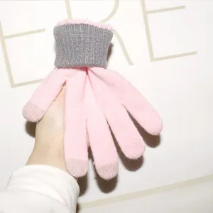 Pink grey knit touch screen gloves detail, winter warm plush lined five finger thermal wear.