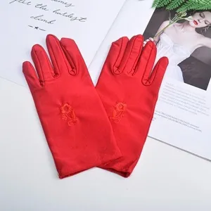 Red satin sun protection gloves for women, short formal driving gloves with cute embroidery.