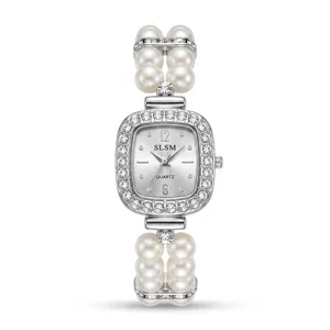 Elegant women quartz watch with double row faux pearl stretch strap and rhinestone square dial.