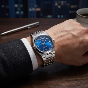 Men's stylish stainless steel quartz watch with blue dial and double calendar display.