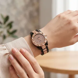 Close-up detail of a women's rose gold and black rhinestone quartz watch worn on wrist.