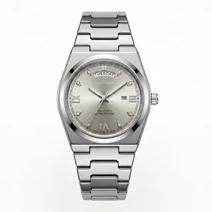 Stainless steel quartz men's watch with day date silver dial and steel bracelet