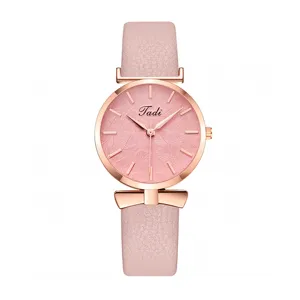 Women quartz watch pink leather strap rose gold case leaf dial bowknot casual timepiece