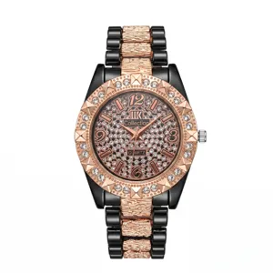 Women luxury rhinestone quartz watch with rose gold black strap and sparkling dial design