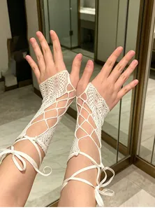 Y2K white lace-up hollow-out sleeves sweet cool style cosplay arm warmers summer UV