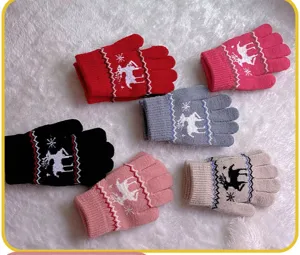 Children warm knitted gloves with cute deer pattern, thick fleece lined cold weather wear.