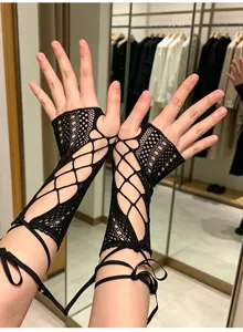 Black Y2K fishnet lace-up arm sleeves fingerless gloves for cosplay lolita daily wear