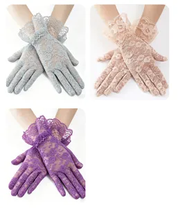 Close-up of delicate lace floral sun protection gloves with ruffled cuffs in multi colors.