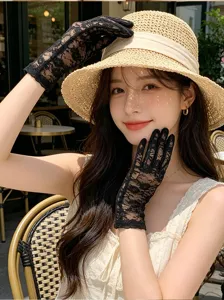 Black lace sunscreen gloves for women elegant tea party vintage mesh floral short gloves summer