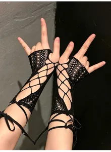 Y2K gothic black fishnet lace up arm sleeves hollow out fingerless gloves for women