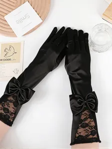 Black satin long gloves with elegant bow and lace detail, perfect for evening party.