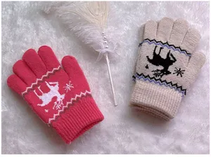 Children warm knit gloves winter thick fleece lined cute deer pattern soft kids mittens