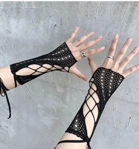 Y2K Black Lace-up Mesh Arm Sleeves Gothic Lolita Sun Protection Fingerless Gloves