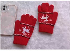 Kids red winter knitted gloves with cute deer and snowflake pattern, warm and cozy for daily wear.