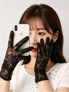 Black lace gloves for women summer sun protection mesh floral elegant tea party performance gloves