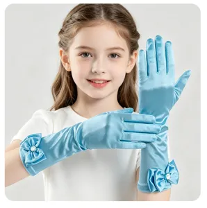 Gants longs en satin bleu pour enfants avec noeud et strass pour fete spectacle deguisement
