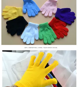 Close-up details of soft knit children gloves showing flexible five-finger design and warm fabric.